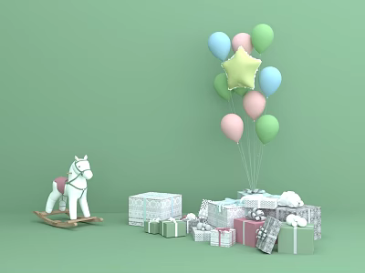 Colorful Baby Daily Essentials With White Rocking Horse Gift Boxes And Star Balloons 3d model