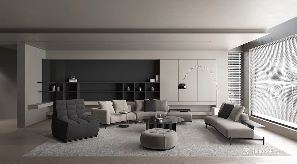 Neutral Tone Modern Living Room With Comfortable Fabric Sofas Glass Coffee Table And Storage Cabinets 3d model 