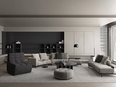 Neutral Tone Modern Living Room With Comfortable Fabric Sofas Glass Coffee Table And Storage Cabinets 3d model