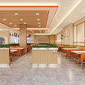 Bright Restaurant Interior Featuring Orange Chairs White Tables Mural Paintings Open Kitchen And Green Plants