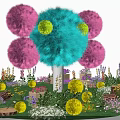Colorful Garden Featuring Fluffy Blue Pink Blooms Green Centers White Trunk And Various Flowers