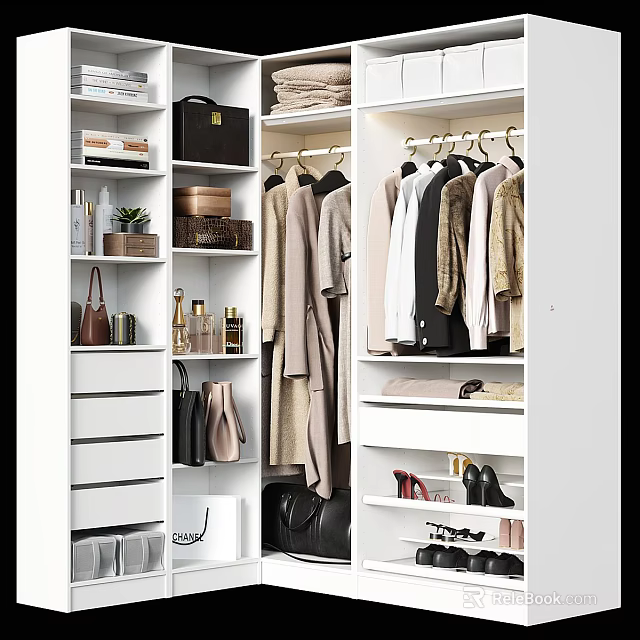 Organized Modern Wardrobe With Hanging Clothes Shelves Drawers Shoes And Bags 3d model 