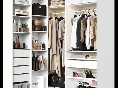 Organized Modern Wardrobe With Hanging Clothes Shelves Drawers Shoes And Bags 3d model