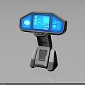Modern Interactive Terminal With Blue Digital Display And Stand Design