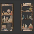 Two Wooden Shelves Showcasing Pottery Boxes And Small Decorative Items 3d model