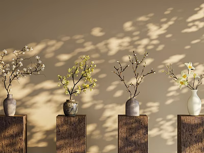 Decorative Vases With Flowers On Wooden Pillars Against Wall With Light Shadow Effects 3d model