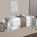 Comfortable Massage Table In Cozy SPA Room With Curtains Rug And Decorative Painting Trolley