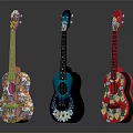 Three Colorful Hand Painted Ukuleles As Musical Instruments With Art Supplies And Decorative Patterns