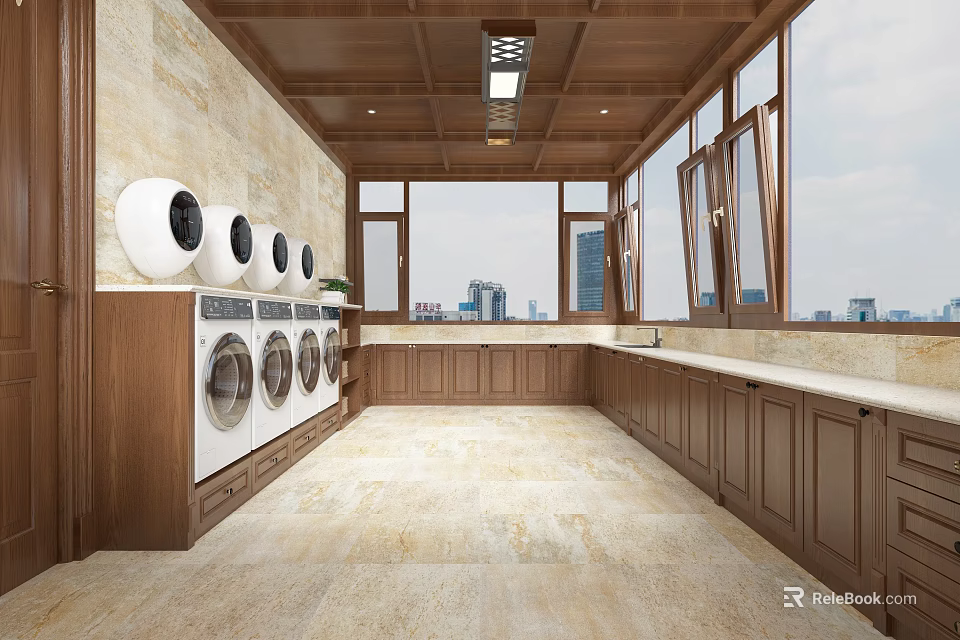 Spacious Laundry Room With Wooden Cabinets Washing Machines And City View Through Windows 3d model 