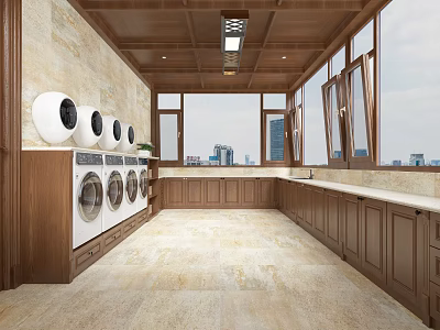 Spacious Laundry Room With Wooden Cabinets Washing Machines And City View Through Windows 3d model