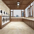 Spacious Laundry Room With Wooden Cabinets Washing Machines And City View Through Windows
