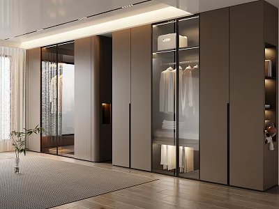 Modern Brown Wardrobe With Glass Doors Built-in Lighting And Hanging Rails 3d model