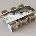 Modern Dining Table Set With Landscape Pattern And Beige Dining Chairs 3d model
