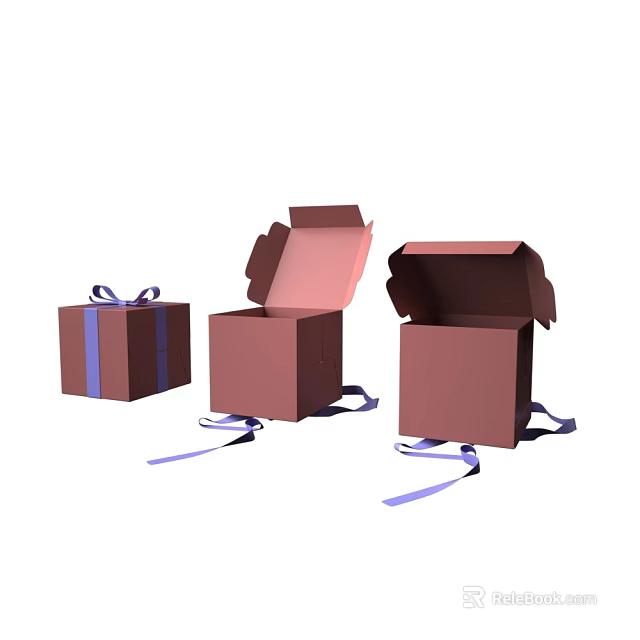 Brown Gift Boxes Featuring Closed And Open Empty Designs With Purple Scattered Ribbons 3d model 