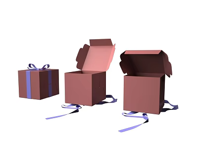 Brown Gift Boxes Featuring Closed And Open Empty Designs With Purple Scattered Ribbons 3d model