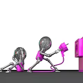 Bulb Shaped Robots One Standing Plugging Pink Plug Into Pink Socket And Another Crouching 3d model