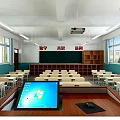School Classroom With Neat Desks Chairs Blackboard Slogan And Bright Windows