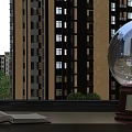 Decorative Ornament Set With Crystal Ball Open Book On Windowsill And Tall Buildings Green Trees