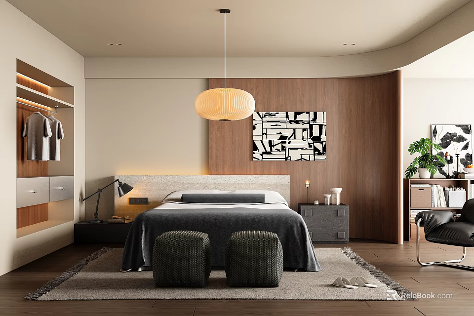 Modern Bedroom Interior With Gray Bed Round Pendant Light Abstract Painting And Potted Plant 3d model 