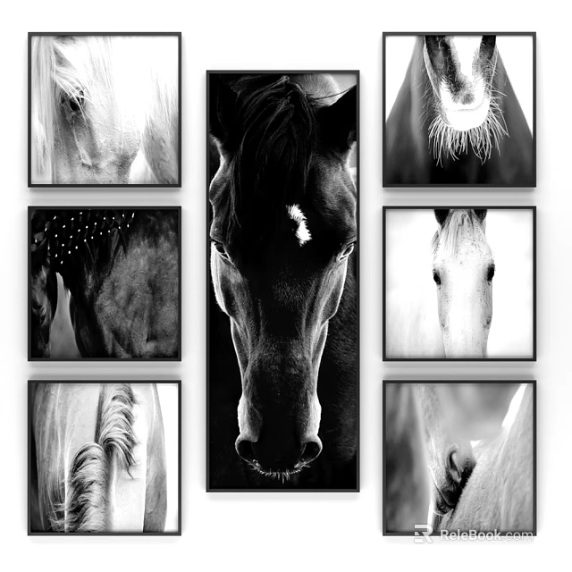 Black And White Horse Paintings With Multiple Head Portraits As Wall Decor Art 3d model 