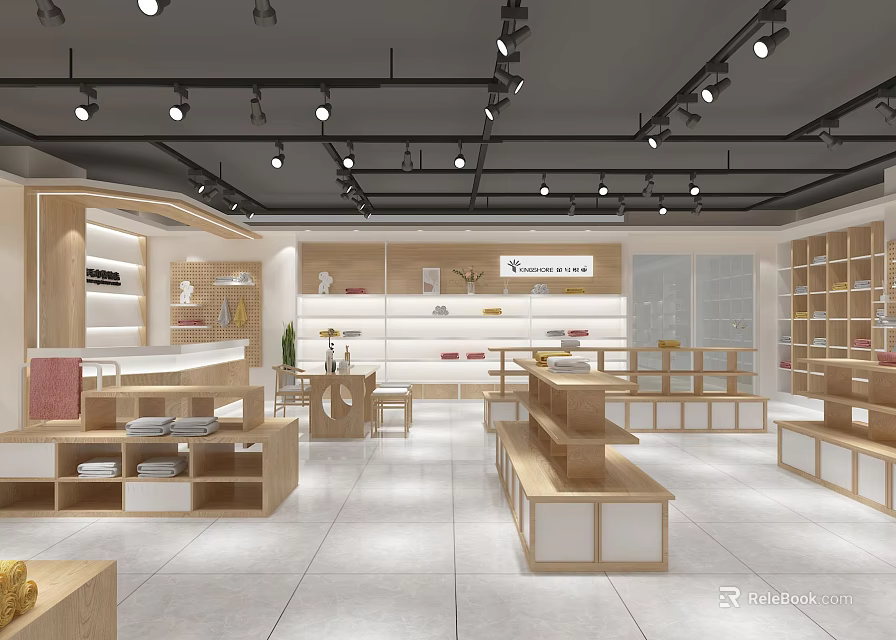 Modern Retail Store Interior With Wooden Shelves Display Tables Ceiling Lights And Neat Layout 3d model 