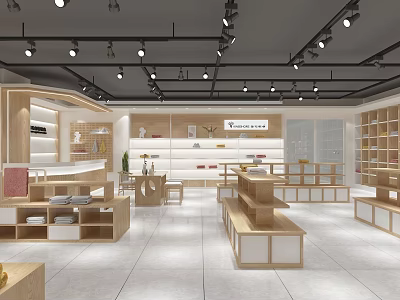 Modern Retail Store Interior With Wooden Shelves Display Tables Ceiling Lights And Neat Layout 3d model