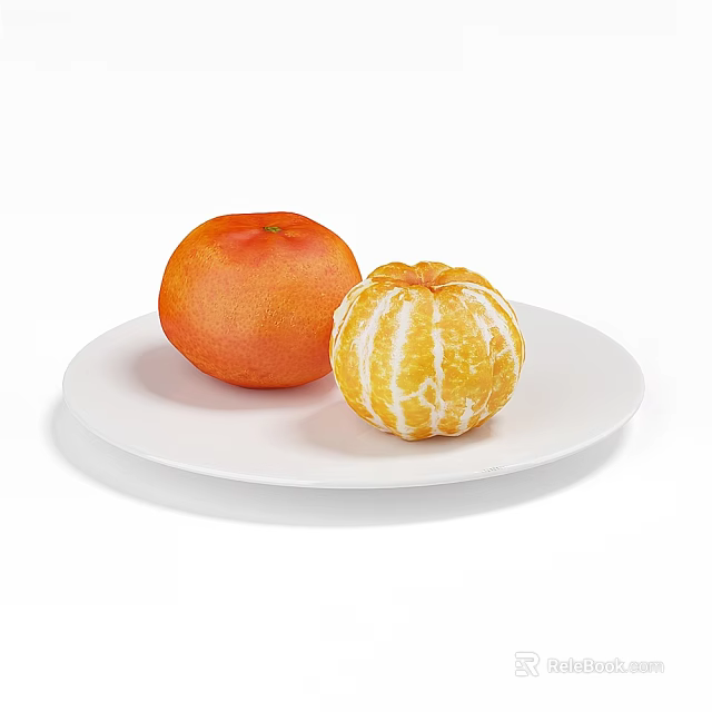 Fresh Ripe Orange and Peeled White Striped Tangerine on White Ceramic Plate 3d model 