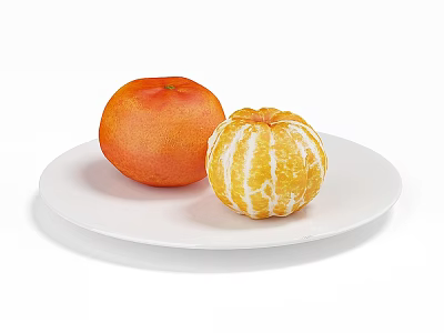 Fresh Ripe Orange and Peeled White Striped Tangerine on White Ceramic Plate 3d model
