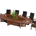 Oval Wooden Conference Table with Black Leather Chairs and Central Green Plant in Meeting Room