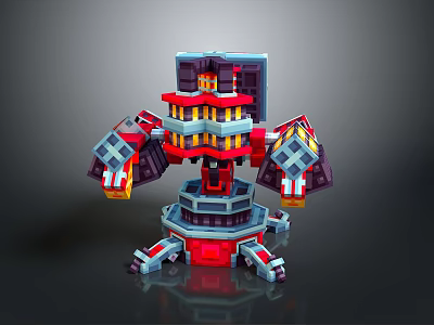 Futuristic Landscape With Mechanical Tower Structure Red Blue Orange Details And Arm Like Extensions 3d model