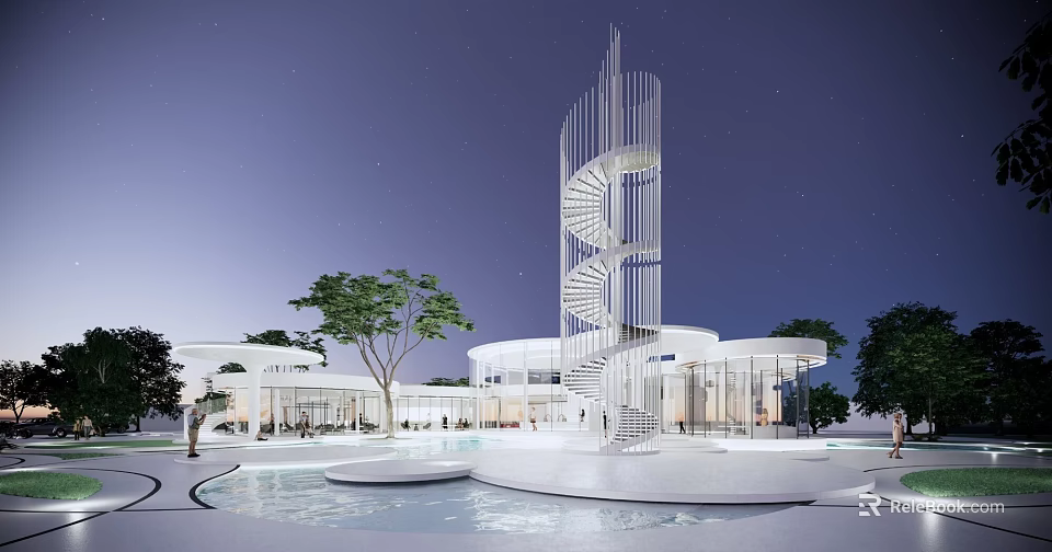 White Modern Sales Office Building With Spiral Staircase Water Pool And Trees At Night 3d model 
