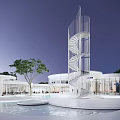 White Modern Sales Office Building With Spiral Staircase Water Pool And Trees At Night