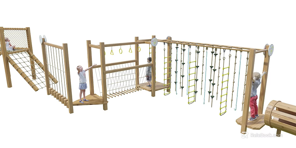 Kindergarten Wooden Climbing Playground Structure With Net Ladders And Rings For Children Playing 3d model 