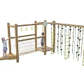 Kindergarten Wooden Climbing Playground Structure With Net Ladders And Rings For Children Playing