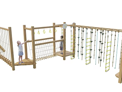 Kindergarten Wooden Climbing Playground Structure With Net Ladders And Rings For Children Playing 3d model