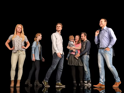 Diverse Group of People Including Adults and Child in Casual Outfits Standing Against Black Background 3d model