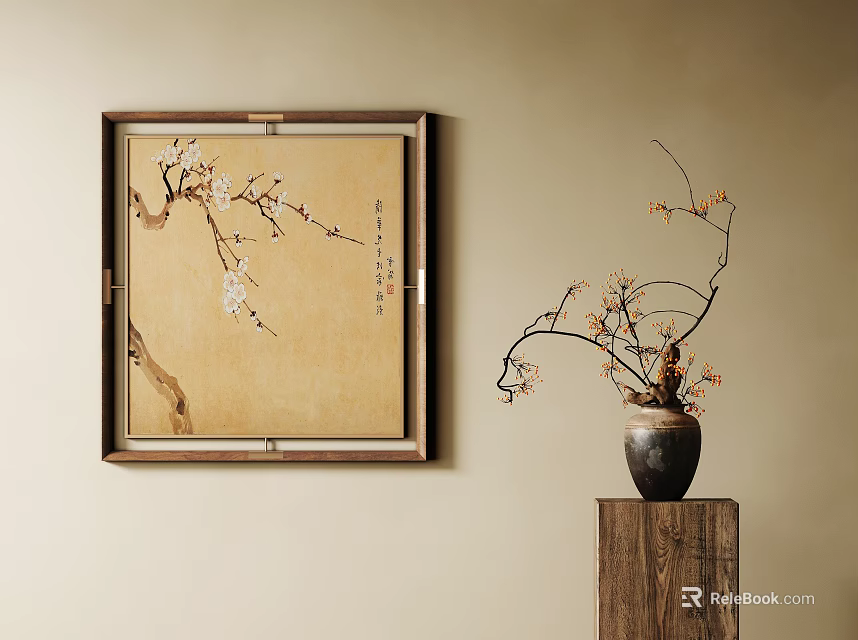 Botanical Painting of Plum Blossoms in Wooden Frame Beige Background with Vase on Wooden Stand 3d model 