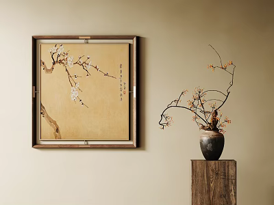 Botanical Painting of Plum Blossoms in Wooden Frame Beige Background with Vase on Wooden Stand 3d model