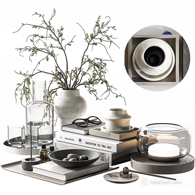 Stylish Decorative Ornament Set With Green Branches White Vase Stacked Books And Glass Jar 3d model 