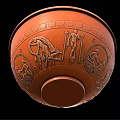 Orange Ceramic Bowl With Ancient Figural Carvings And Decorative Patterns As Household Item