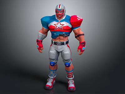 Muscular American Football Player In Blue Red White Star Armor With Helmet 3d model