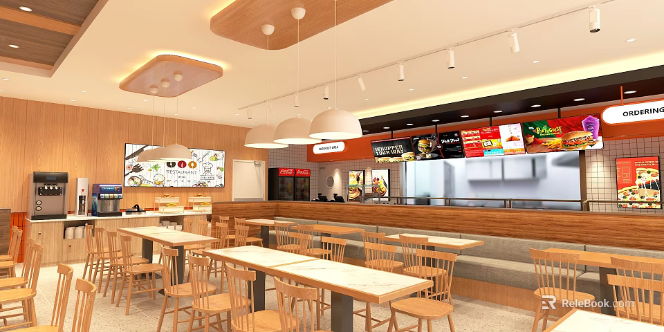 Modern Restaurant Interior With Wooden Ceiling Pendant Lights Menu Screens And Open Layout 3d model 