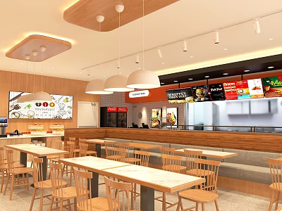 Modern Restaurant Interior With Wooden Ceiling Pendant Lights Menu Screens And Open Layout 3d model