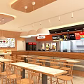 Modern Restaurant Interior With Wooden Ceiling Pendant Lights Menu Screens And Open Layout