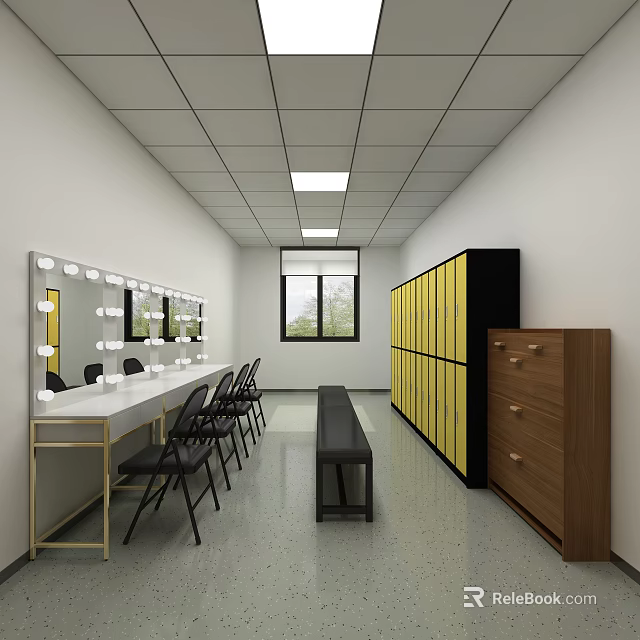 Spacious Vanity Room With Mirror Vanity Tables Black Chairs Yellow Lockers Bench And Wooden Chest 3d model 