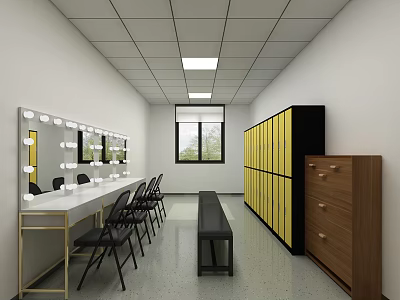 Spacious Vanity Room With Mirror Vanity Tables Black Chairs Yellow Lockers Bench And Wooden Chest 3d model