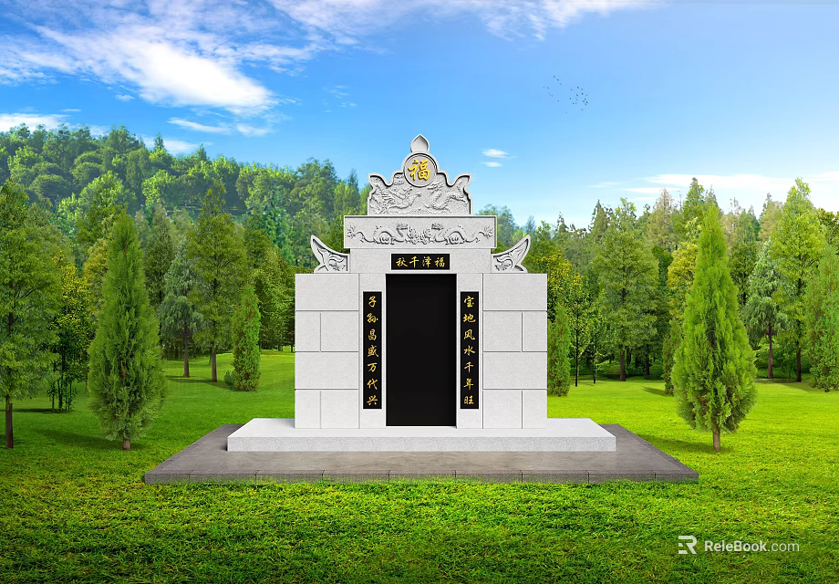Garden Ornament Featuring White Structure Black Door Golden Decorations On Green Lawn With Surrounding Trees 3d model 