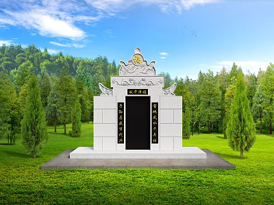 Garden Ornament Featuring White Structure Black Door Golden Decorations On Green Lawn With Surrounding Trees 3d model