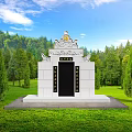 Garden Ornament Featuring White Structure Black Door Golden Decorations On Green Lawn With Surrounding Trees