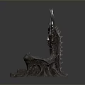 Ornate Black Throne With Red Cushion Horned Design Metal Carvings And Small Pink Pig Figurine
